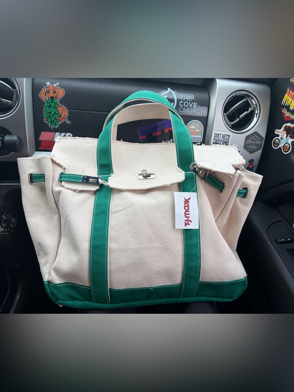 Canvas Tote Bag with Green Trim and Handles
